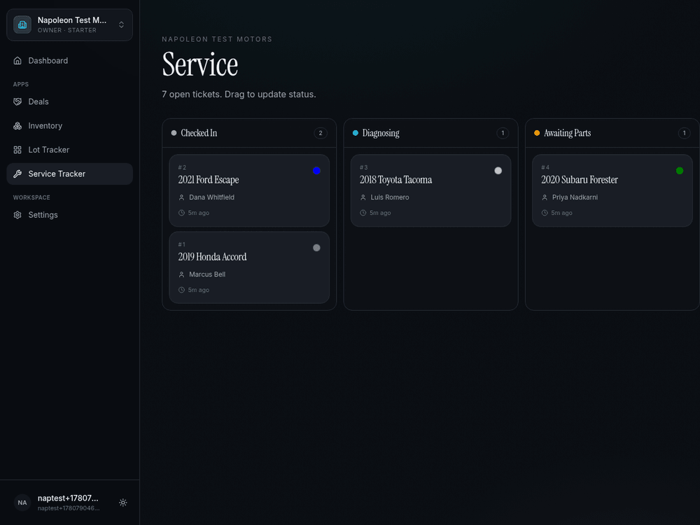 Service Tracker — every job in the bay on one board