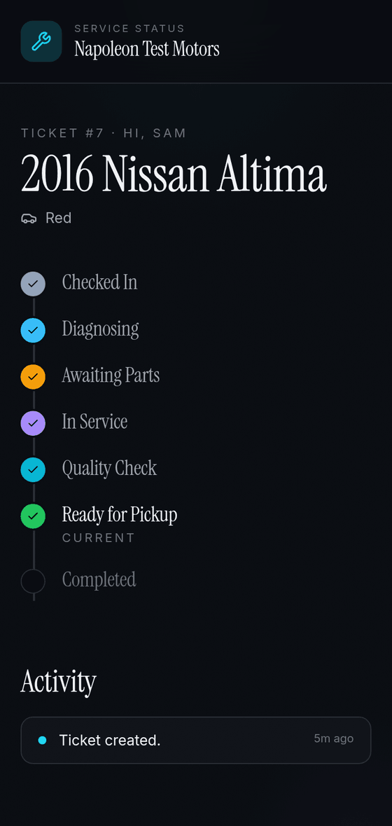Customer status page — a no-login repair tracker your customers open from a text